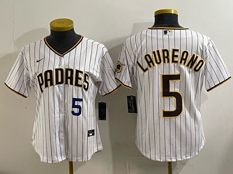 Women San Diego Padres #5 Laureano White Stripe Nike 2025 MLB Jersey 06